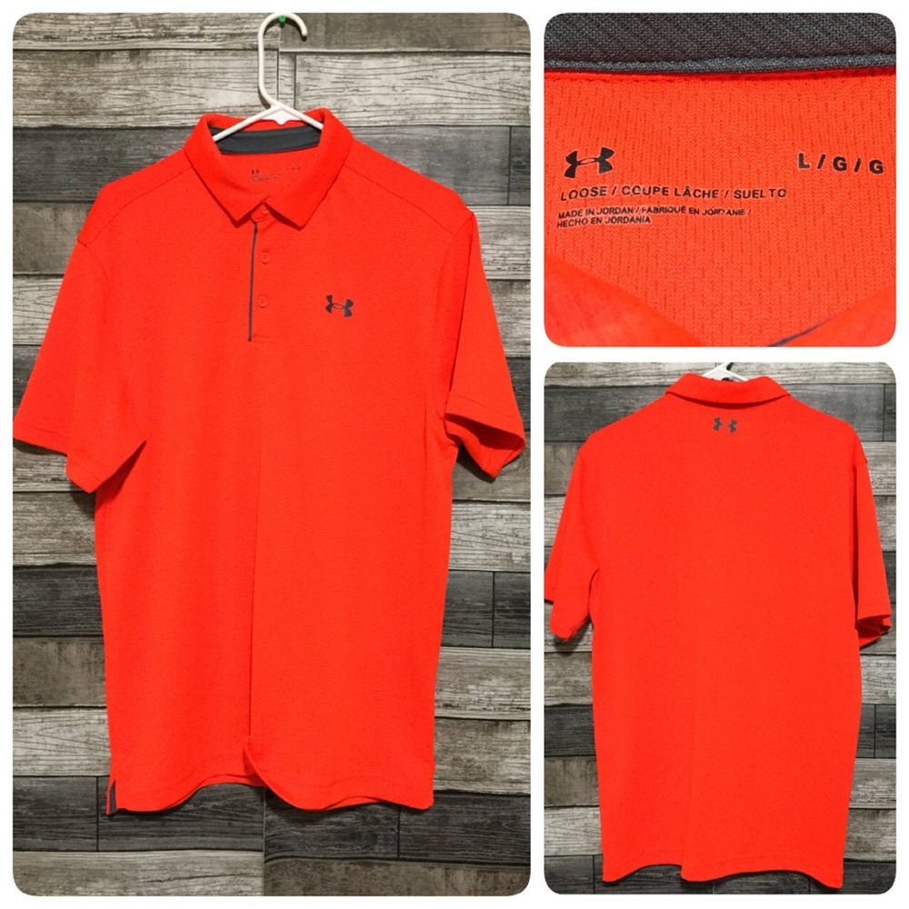 Under Armour Loose Polo Shirt Men’s L Neon Orange Short Sleeve Golf Casual